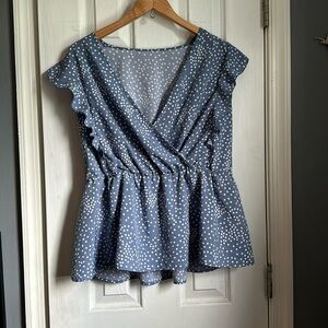 SHEIN Blue and White Polka Dot Blouse